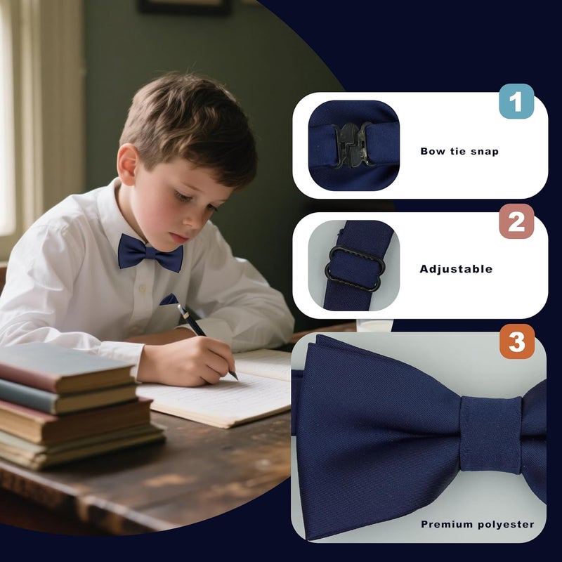 BEWDIO Bow Ties for Boys Pre Tied Toddler Bow Tie Adjustable Kids Bowties with Pocket Square Set for Wedding Party - Image 3